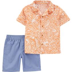 Carter's Toddler Palm Linen Button Front Shirt & Short Set 2-piece - Orange/Blue