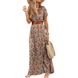 Shein VCAY Women's Paisley Pattern V-Neck Elastic Waist High Slit Vacation Maxi Dress