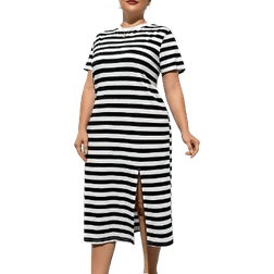 Shein Essnce Women's Plus Size Striped Loose Basic T-Shirt Dress With Side Slits, Spring And Summer