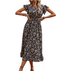 Shein VCAY Ditsy Floral Print Butterfly Sleeve Ruffle Hem Dress