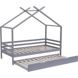 SlumberWorx Kids Teddy Wooden House Single Bed Frame with Guest Trundle 38.6x77.6"