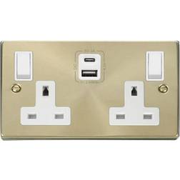 SE Home Satin Brushed Brass 2 Gang 13A Type A & C USB Twin Double Switched Plug Socket Gold