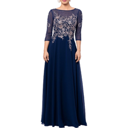 Betsy & Adam Brooklyn Long Embroidery 3/4 Sleeve Dress - Navy/Rose