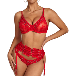 BlackBeauty Women's Lace Bra & Underwear with Belt - Red