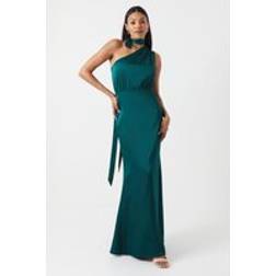 Coast One Shoulder Tie Neck Satin Bridesmaids Dress Emerald