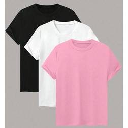 Shein Damen Sommer T-Shirt mit Rundhalsausschnitt, einfarbig, Kurzarm, lässig