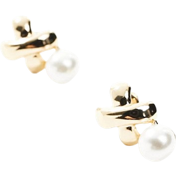 Wide Cross Stud Earrings - Gold/Pearls