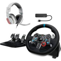 Logitech g29 driving force racing wheel and floor pedals with headset bundle