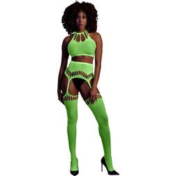 Ouch! Glow in the Dark Two Piece with Crop Top and Stockings Neon Green XL-4XL