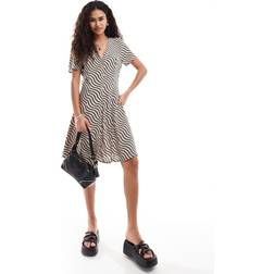 Monki Button Through Mini Dress with V Neck - Wave Print/Multi