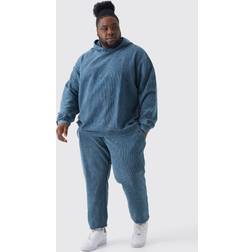 boohoo Mens Plus Oversized Washed Cord Hooded Tracksuit Grey