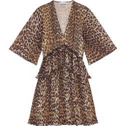 Ganni Leopard Pleated Georgette V-neck Flounce Mini Dress - Almond Milk