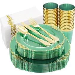 Hioasis Plates, Cups & Cutlery Disposable Plastic Silverware Green/Gold 175pcs