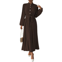 Shein Clasi Solid Color Lantern Sleeve Belted Dress