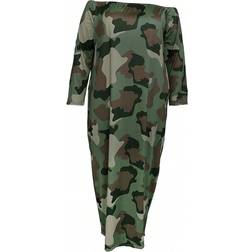 Shein Green Camouflage Printed Off Shoulder Plus Size Women's Fashionable Casual Long-Sleeved Dress