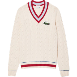 Lacoste Cable Knit V Neck Sweater Unisex - White/Bordeaux/Light Blue