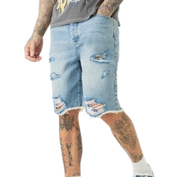 boohooMAN Tall Multi Rip Relaxed Fit Denim Shorts - Light Wash