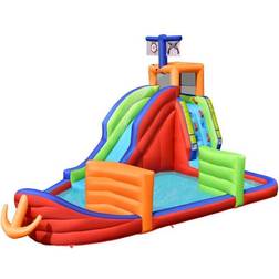 Gymax Waterslide 6 in 1 Pirate Ship Bounce House with Climbing Wall