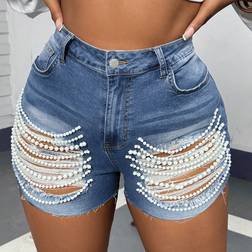 Shein Plus Sexy Blue Denim Shorts With Fringe And Ripped Design Elastic