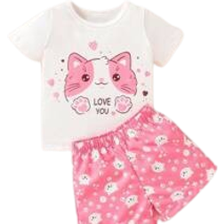 Shein Baby Girls Cute & Comfortable Cat Printed Short Sleeve T-shirt & Shorts Set