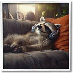 Stupell Raccoon Relaxing Headphones White Framed Art 17x17"