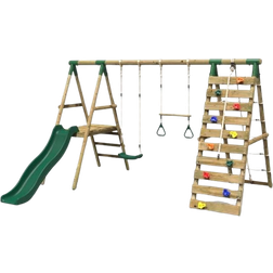 Rebo Wooden Swing Set with Deck Slide & Climbing Wall