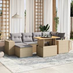 vidaXL Matgrupp För Trädgården Med Dynor 7 Delar Beige Konstrotting Loungeset