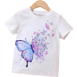Shein Young Girl Cute Multicolor Butterfly Print Casual Tee With Round Neck And Regular Sleeves For Summer