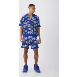 boohooMAN Oversized Boxy Crochet Knit Polo And Short Set - Cobalt