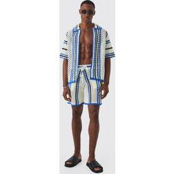 boohooMAN Oversized Boxy Open Stitch Shirt and Short Set - White