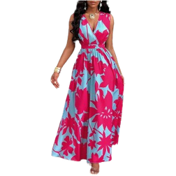 Shein Slayr Tropical Print Deep V Neckline Cinched Waist Fit And Flare Dress