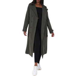 Brave Soul Detachable Hood Double Breasted Longline Trench Coat - Khaki