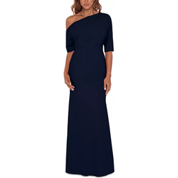 Betsy & Adam Madeline Long Scuba Crepe Off the Shoulder Drop Dress - Navy