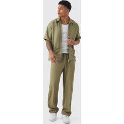 boohooMAN Mens Oversized Linen Deep Pocket Shirt & Trouser Set Green