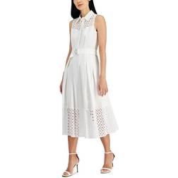 Anne Klein Eyelet Embroidered Belted Pleated Dress - Bright White