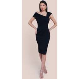 Goddiva Scuba Crepe Pleated Drop Shoulder Midi Dress Black