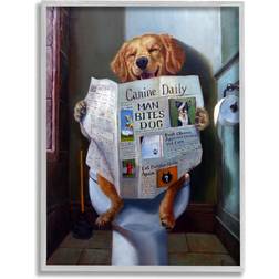 Stupell Industries Dog Reading The Newspaper On Toilet Funny Painting Gray Framed Art 40.6x50.8cm
