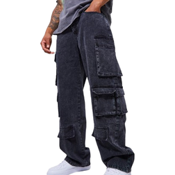 boohooMAN Relaxed Fit Acid Wash Cargo Jeans - Charcoal