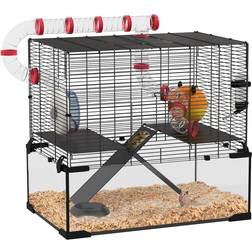 Pawhut Dwarf Hamster Cage with Deep Glass Bottom Tunnels Non-Slip Ramps 60x40x57cm