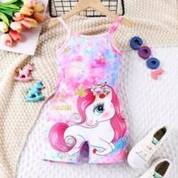 Shein Young Girl Lovely And Simple Dopa Cartoon Pony Print Jumpsuit With Straps