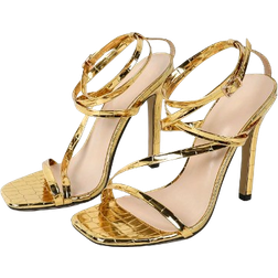 Shein Women's Metal Embossed Square Toe Stiletto Sandals, Fine Heel, Fashionable Party Shiny Gold High Heel Sandals