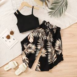 Shein Young Girl Solid Color Simple Spaghetti Strap Top And Belted Printed Vacation Style Pants Set