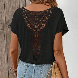 Shein Womens Summer Solid Color Round Neck Short Sleeve Hollow Back Casual TShirt