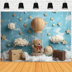 Shein Photography Backdrop Birthday Adventure Theme Party Background Stars Clouds Bear Hot Air Balloon Decoration Blue Wallpaper Backdrop Cake Crush Shower