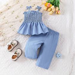 Shein Baby Girl Solid Woven Top With Ruffle Straps And Pants Set For Summer
