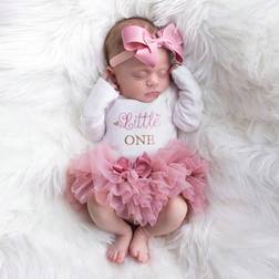 Shein LITTLE ONE Embroidered Pink Baby Girls Newborn Days Photoshoot Outfit Infant Butterfly Tulle Romper Headband Set