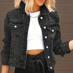 Shein Gewaschene, zerrissene Denim Jacke mit durchgehender Knopfleiste und langen Ärmeln Einfarbig