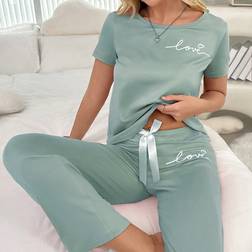 Shein Damen Herzens- und Buchstabenmuster-Set mit Kurzarm und langen Hosen für Schlafanzüge