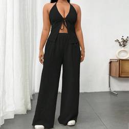 Shein Plus Solid Textured Halter Neck Backless Tie Front Split Top And Pants Set