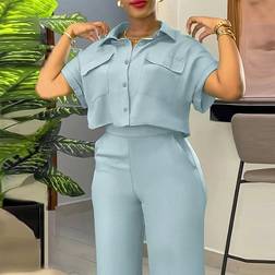 Shein Solid Color Front Button Short Sleeve Top And Pocketed Long Pants Elegant Summer Two Piece Set